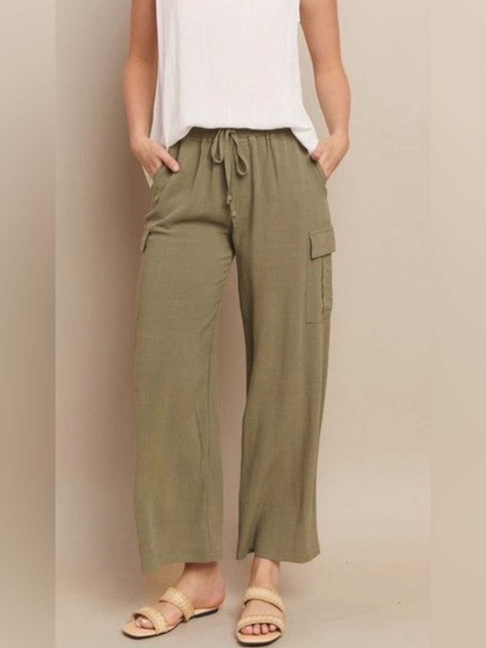 Yelete Olive Green Wide-Leg Cargo Drawstring Pants